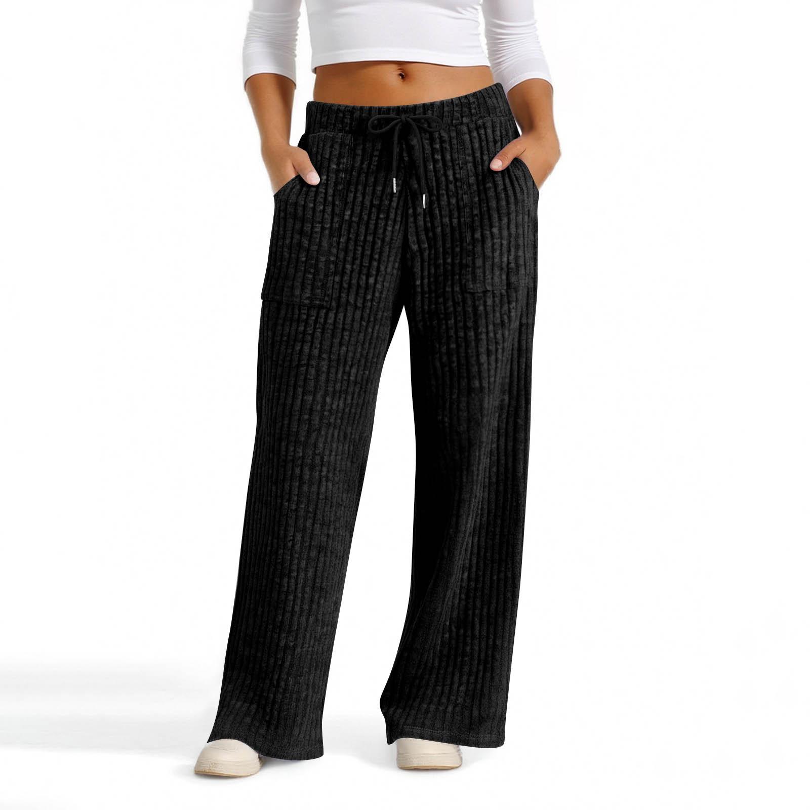 

Womens Casual Wide Leg Elastic Waist Ribbed Knit Loose Bottoms With Pockets Soft Pants XXL