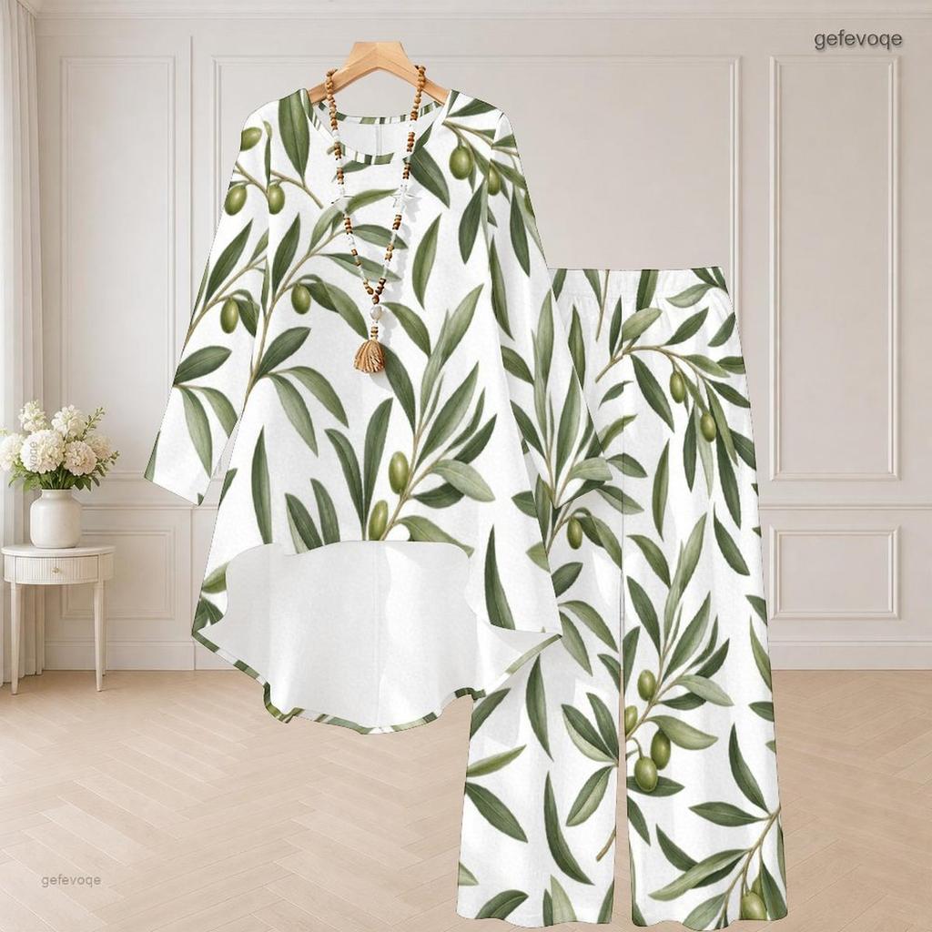 Damen Übergröße Rundhals Langarm Blumenmuster High-Low-Top Weitbeinige Hose Zweiteiliges Set