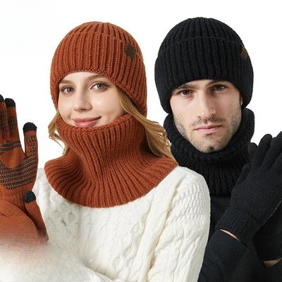 Chapéu grosso de inverno, cachecol, luvas de tela sensível ao toque, conjunto de três peças, chapéu de lã quente para áreas externas