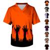 Men's V Neck Halloween Print Scrub Top with Chest Pocket Short Sleeve Medical Work Shirt for Healthcare Professionals