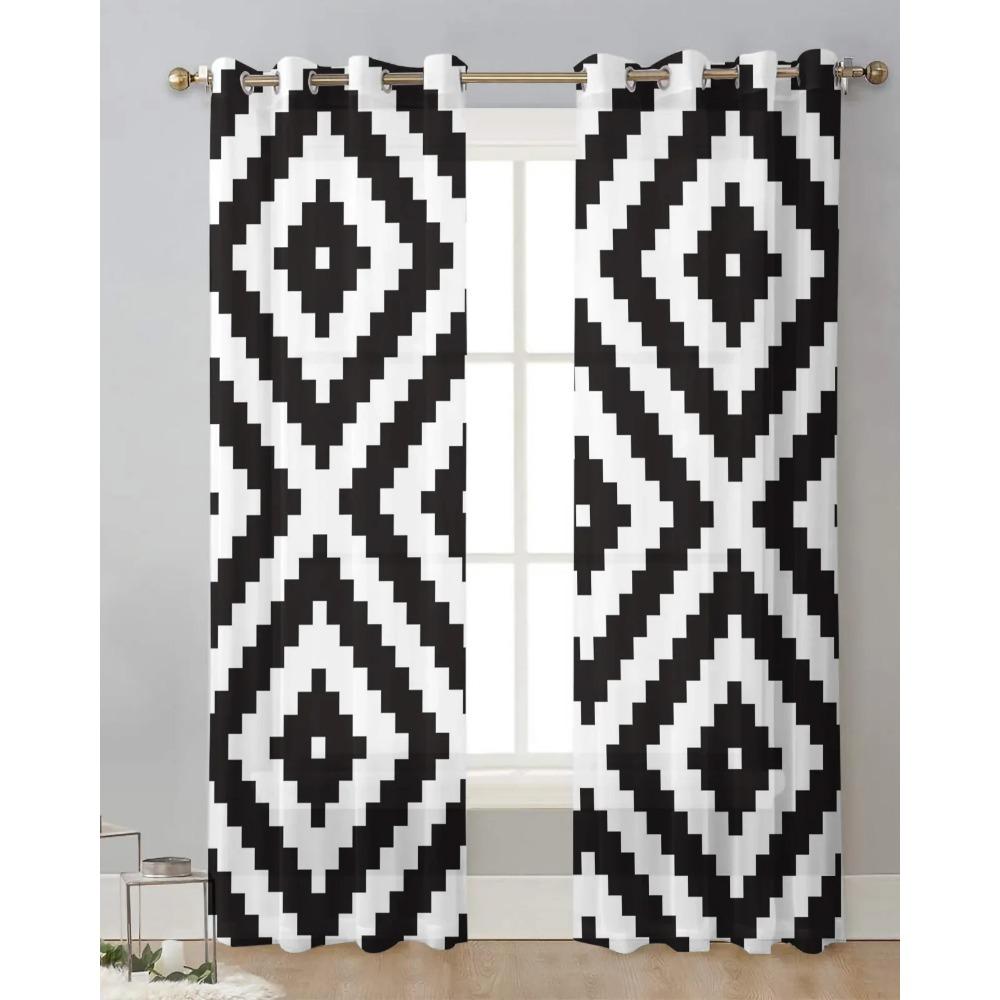 Black White Irregular Geometry Sheer Curtains for Living Room Decoration Tulle Voile Organza Window Curtains for Kitchen Bedroom