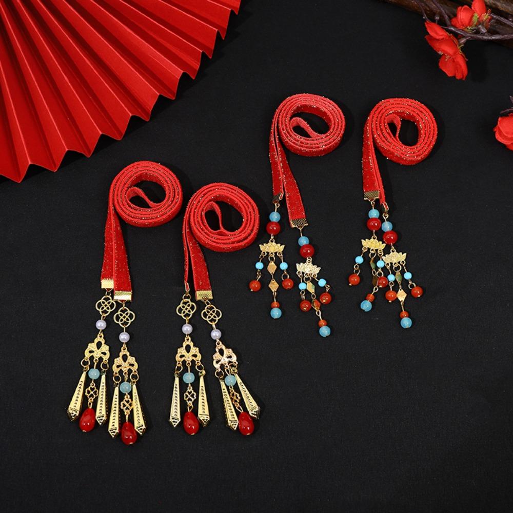 Tassel Satin Red Long Headband Butterfly Chinese Long Hairband Sweet New Year Hair Rope  Festival