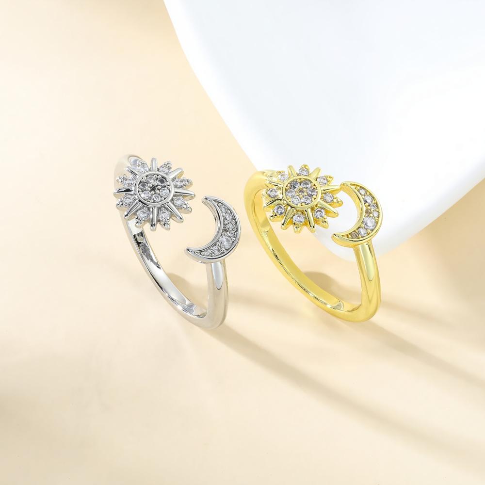 Fashion Shiny Zircon Rings for Unisex Sun Moon Adjustable Open Couple Rings Luxury Exquisite Elegant Wedding Party Jewelry Gifts
