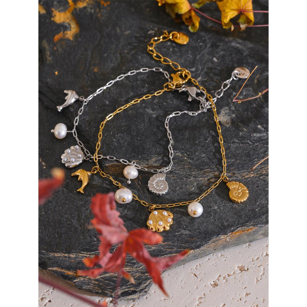 Yhpup Ocean Style Stainless Steel Natural Pearl Shell Drop Chic Bracelet Bangle Gold & Platinum Plated Charm Wrist Jewelry Gift