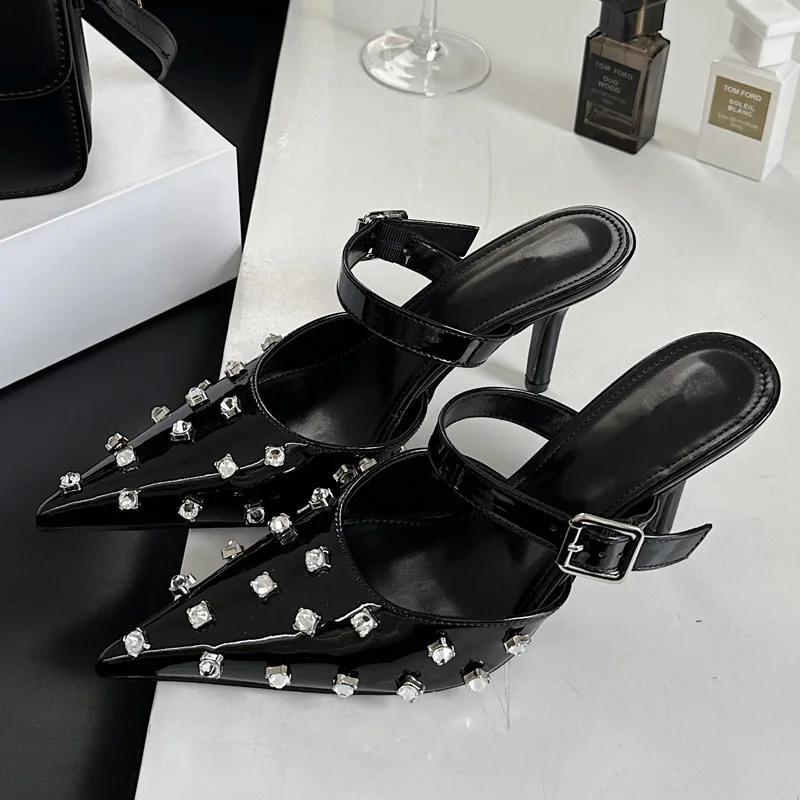 Fashion Eilyken Crystal Diamond Buckle Pointed Toe Women Slippers Fashion Thin High Heels Prom Party Pumps Ladies Shoes Zapatos De Mujer