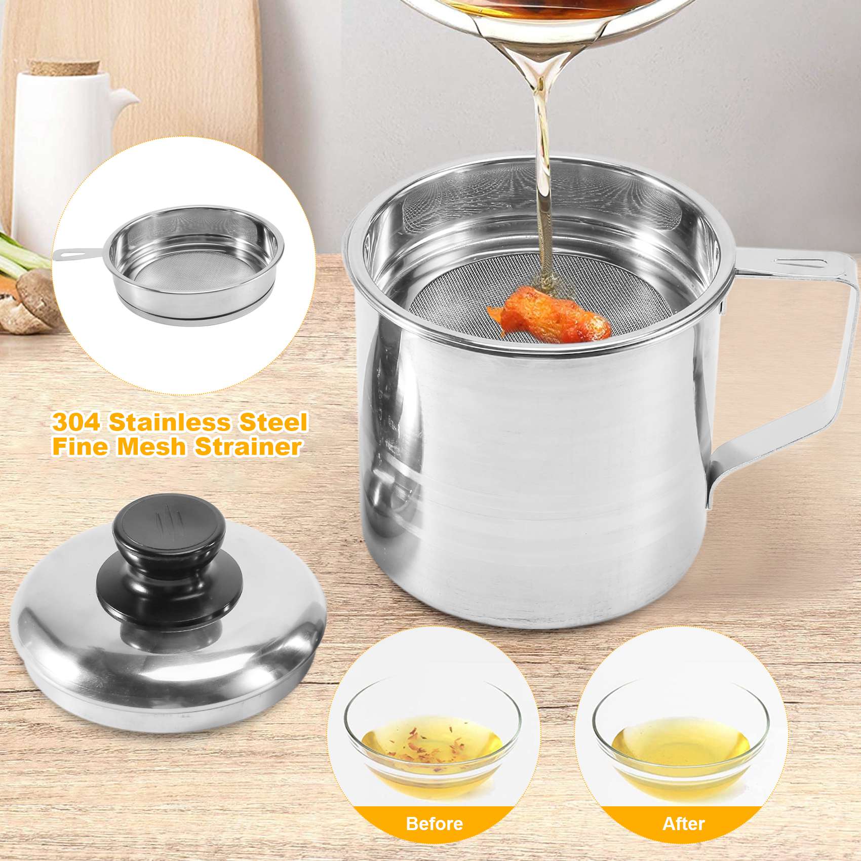 

Oil Strainer Pot / Grease Can, 1.5 Quart Stainless Steel Oil Storage Can Container With Fine Mesh Strainer, Suitable For Storing серебряный