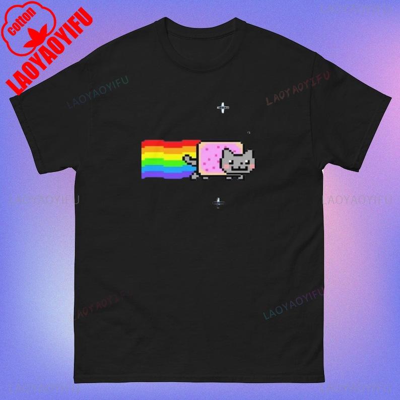 Nyan Cat Смешной Мем Унисекс Футболка с Принтом Узора Летняя Мода Повседневная Удобная и Мягкая Хлопковая Футболка Уличная Одежда Короткий Рукав L
