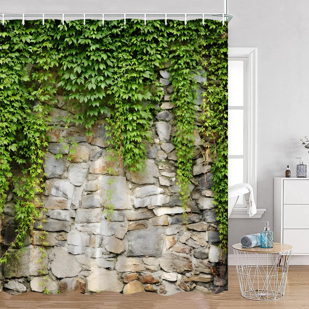 Green Vines Wall Shower Curtains Green Plants Greenery Bathroom Decorations Vintage Landscape Polyester Bath Curtains With Hooks