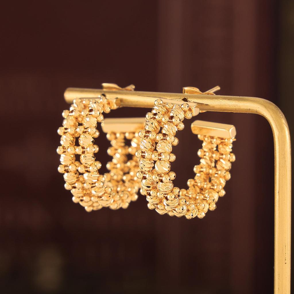Trendy Geometric C-Shaped Gold Bead Earrings for Women – Fashionable Copper Design