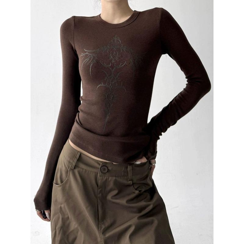 American Retro Printed Long-sleeved T-shirt for Women Velvet Autumn and Winter Slim Bottoming Shirt Trendy Top