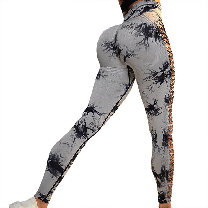 Women's High-Waisted Tie-Dye Yoga Pants - Hollow-Out, Peach-Lifting, Breathable, Seamless Fitness Wear