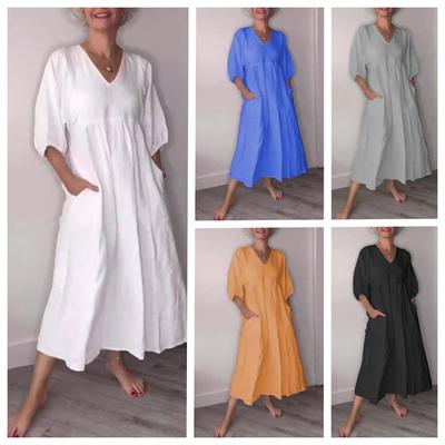 Vestido Casual de Algodón Lino con Cuello en V Profundo con Volantes y Bolsillos para Mujer Otoño Europeo y Americano