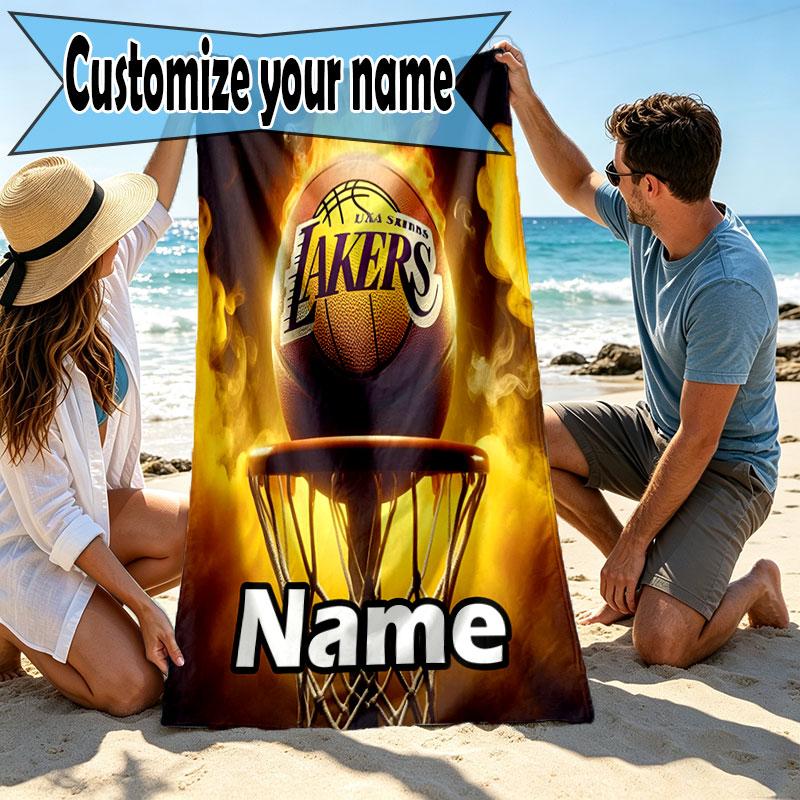 Custom Name Personalized Los Angeles Lakers Basketball Print Beach Towel, for Trip Camping Beach Party Home Decor, Birthday Gift for Family & Friends