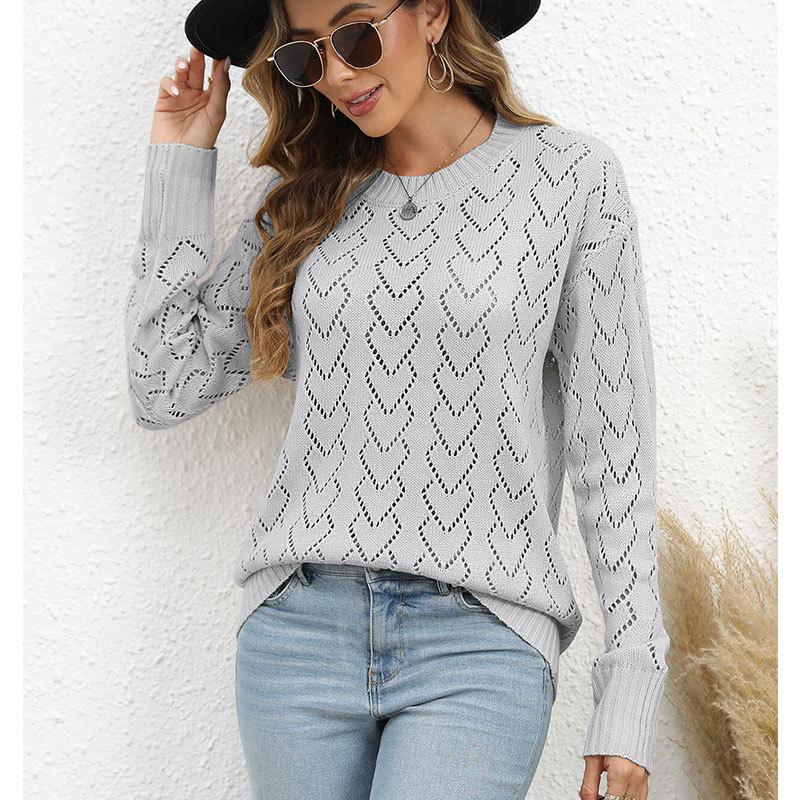 Autumn and winter new crew neck heart-shaped knit top, European and American hollow-out pullover long-sleeve sweater for women