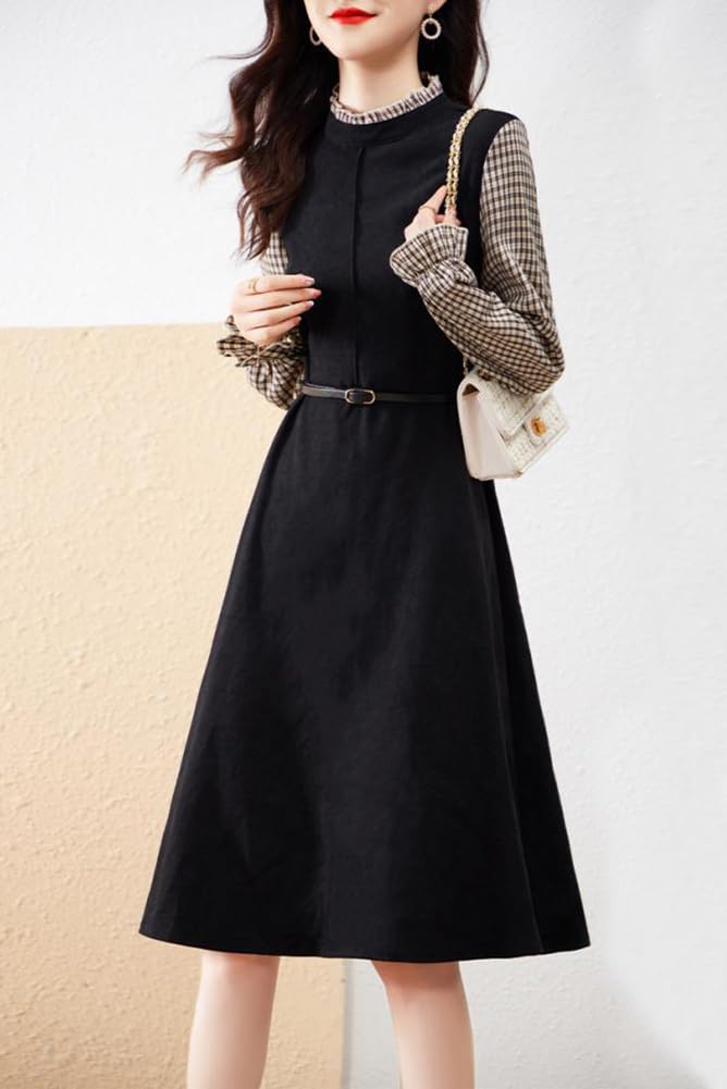 Seira Midi Long Flared Check Ruffle Spring Women's Dress, Sleeve, Dress, Pattern, Neck, A-Line, Stylish, Elegant, Fall, Winter,