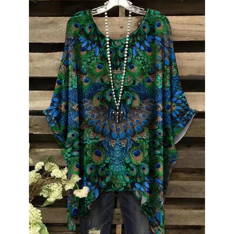 

Summer Women s T-Shirt Hummingbird Peacock Print Round Neck Tail Comfortable Short Sleeve Oversized Tee Irregular Hemline Tops 1XL