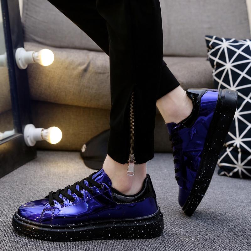 Men Light Leather Flat Sneakers Fashion Silver Men's Shoes Punk Casual Mirror Shoes Streetwear Sneakers Men Rock Hip Hop Shoes