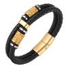 Pulseira Nórdica Viking de Couro Trançado com Duas Tiras em Ouro e Aço Inoxidável