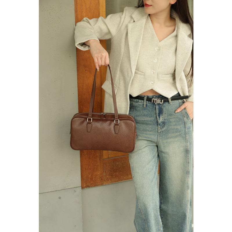 Vintage Underarm Bag Bowling Bag Tote Bag Original Niche Head Layer Cowhide Women's Bag High-grade Leather