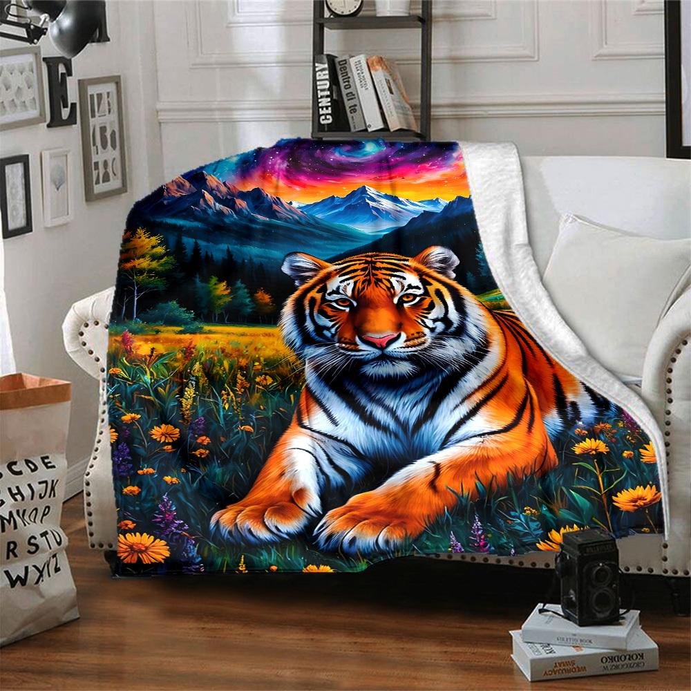 1pc Tiger Fantasy Landscape Blanket Lightweight Flannel Blanket Throw Blanket For Sofa, Bed, Travel, Camping, Livingroom, Office, Couch, Chair, And Be