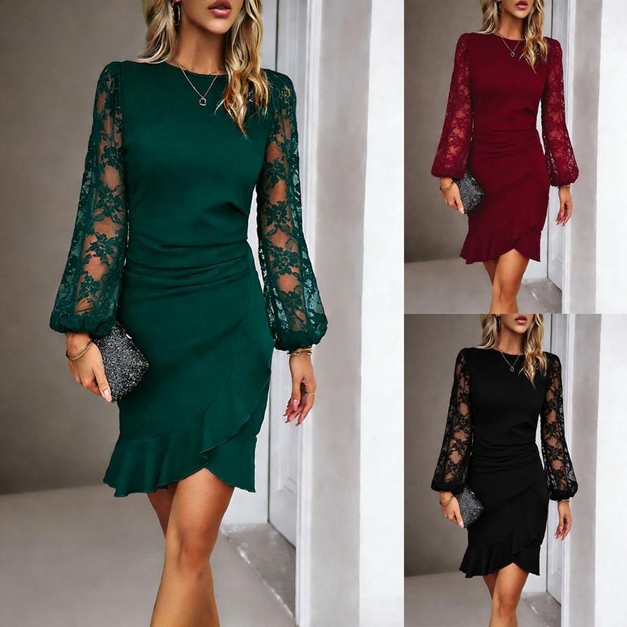 Fashion Imported Women's Clothing New Lace Bubble Sleeve Dress