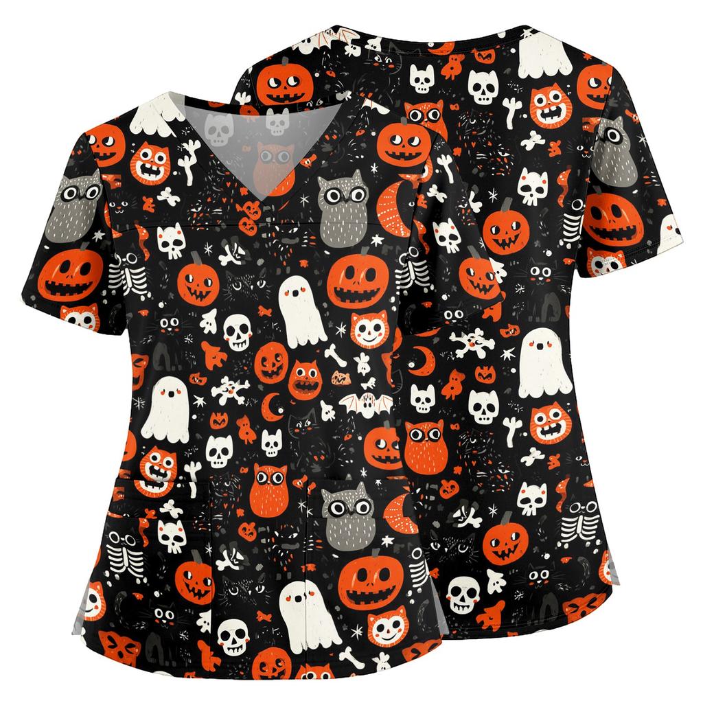 Halloween Print V Neck Medical Scrub Top with Pockets Side Slits Short Sleeve Nurse Uniform Shirt for Women
