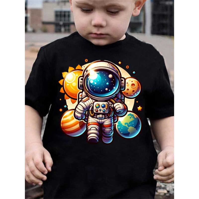 Boys Sun Planet Astronaut Space Cartoon Print Crewneck Short Sleeve Tee, Fashion Summer Casual Top