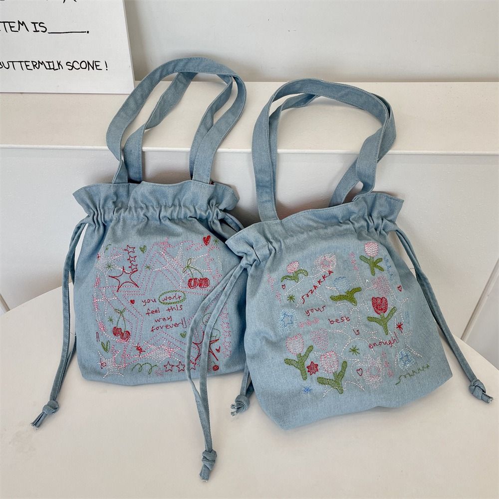 

Korean Style Embroidery Bucket Bag Cartoon Cute Shoulder Bag Denim Drawstring Handbag Outdoor Style2