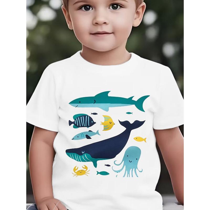 Baby Short Sleeve Cartoon Marine Animal Print Shark Whale Crab Octopus Little Fish Cute Infant Summer Top 110 белый