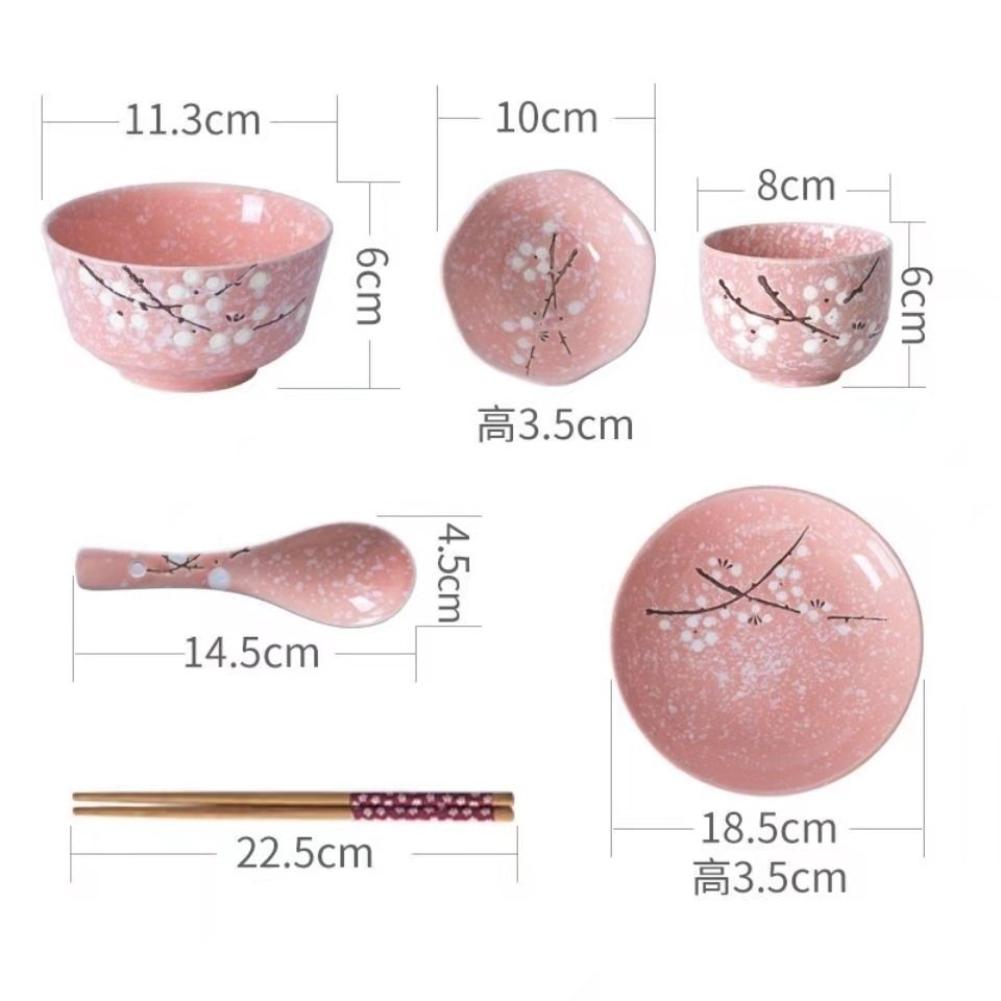 Set da 6 Pezzi Ciotole per Riso Giapponesi, Bacchette, Cucchiaio, Stoviglie in Ceramica per la Casa, Piatto Singolo per Cibo