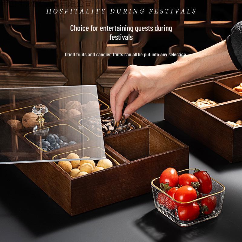Elegant Wooden Fruit and Snack Storage Box with Lid and Dividers