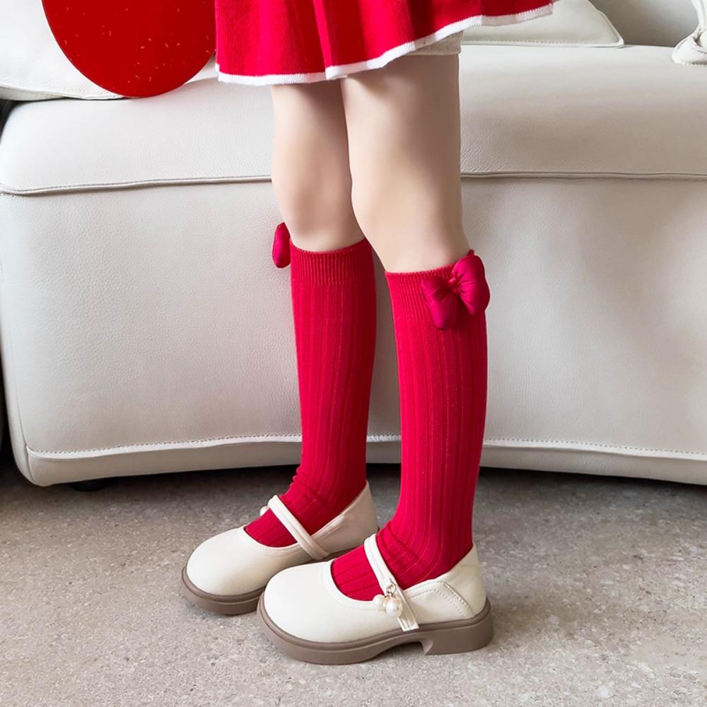 Cotton Bow Hosiery for Kids Middle Tube Children Long Socks Cute New Year Red Socks  Home Socks