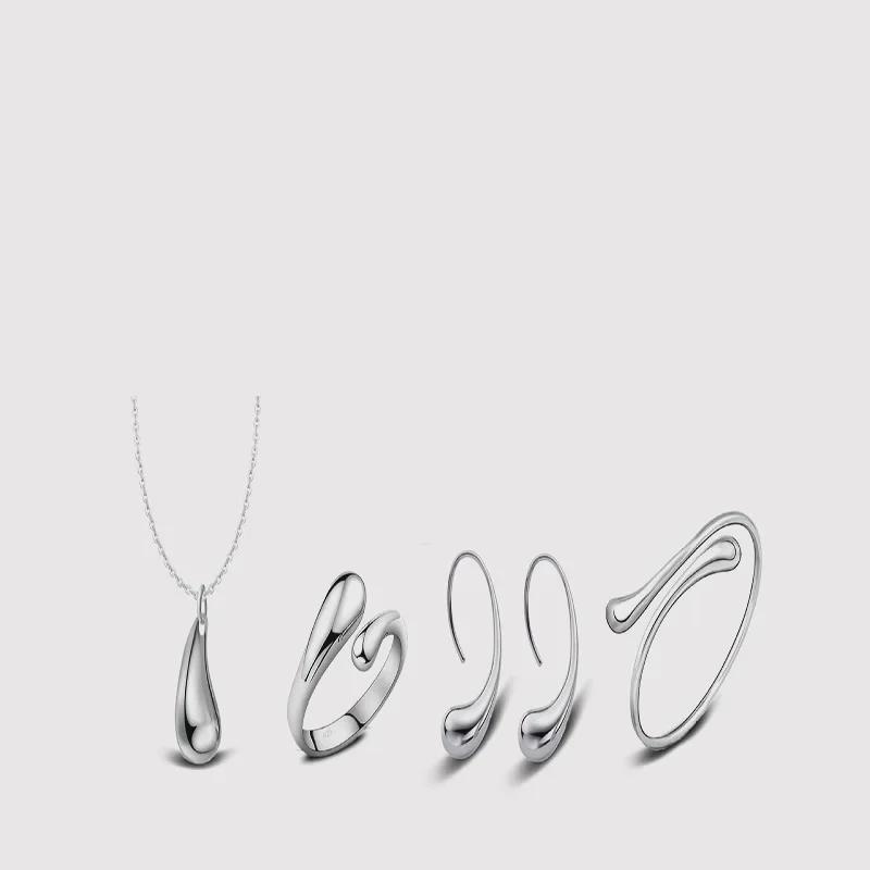 Elegant Retro Silver Jewelry Set: Teardrop Earrings, Wide Bracelet, Necklace, Ring, Oval Earrings for Women.