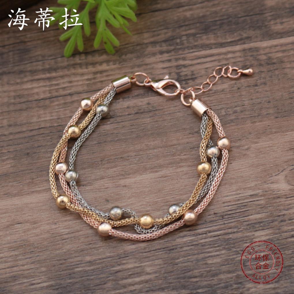 Three-layer Mixed-color Bead Mesh Chain Bracelet Necklace Set, Women's Advanced Sense Stacking Bead Necklace