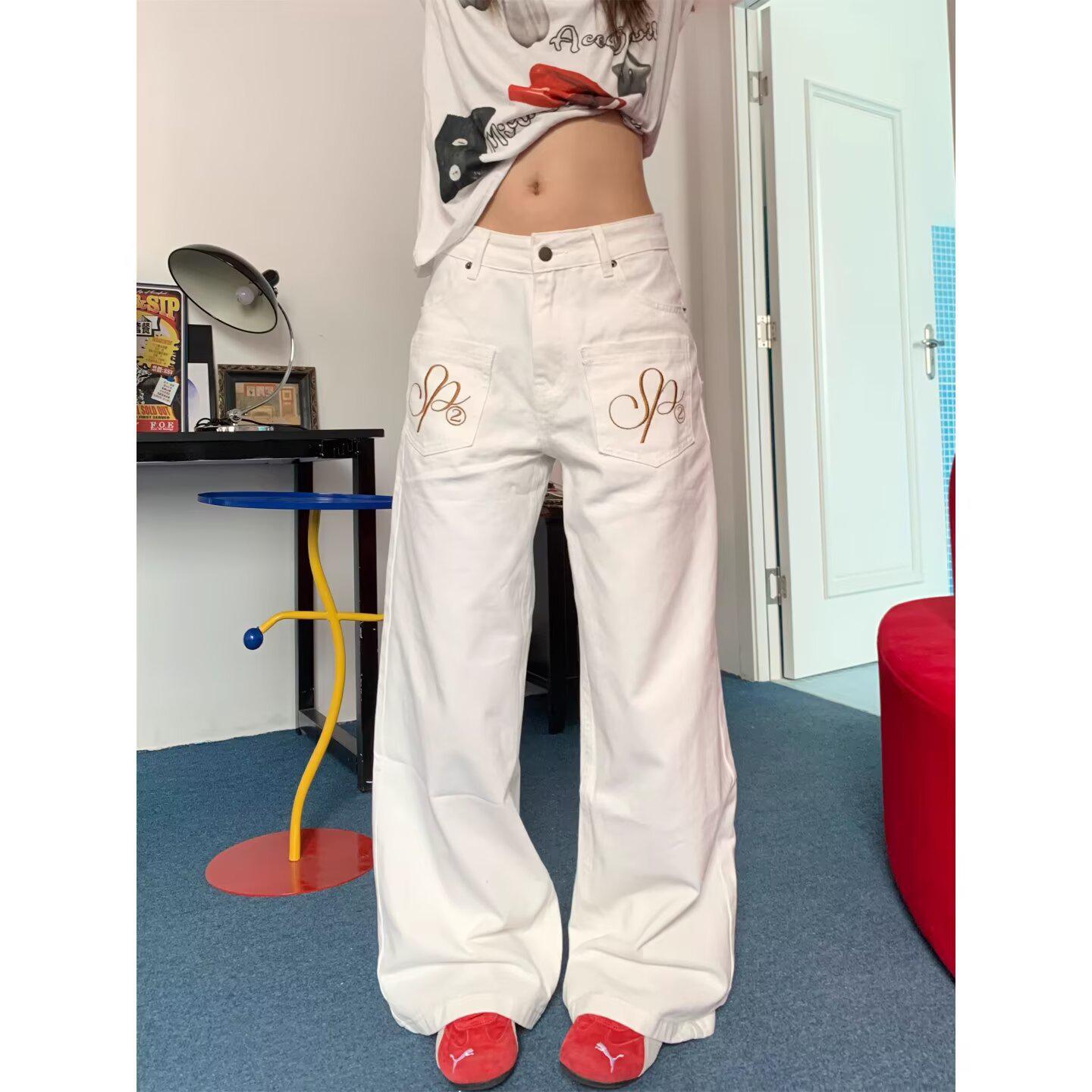 

Unisex Retro Distressed Loose Fit Jeans - Washed, Anti-wear, Straight Leg, Floor-length M белый