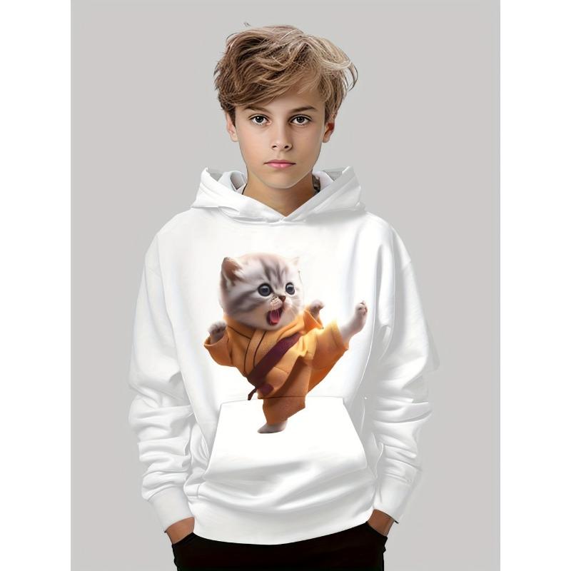Jungenbekleidung Kawaii Katzenmuster Herbst Kapuzenpullover Lässige Mode 3-14J Sweatshirt für Jungen Outdoor Bequeme Kinderbekleidung