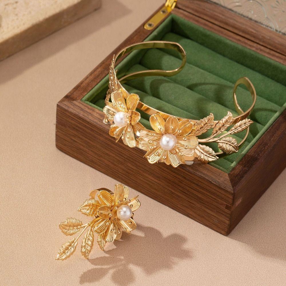 Metal Wide Open Bangle Adjustable Flower Bracelet Chic Arm Bracelet Bridal Wear