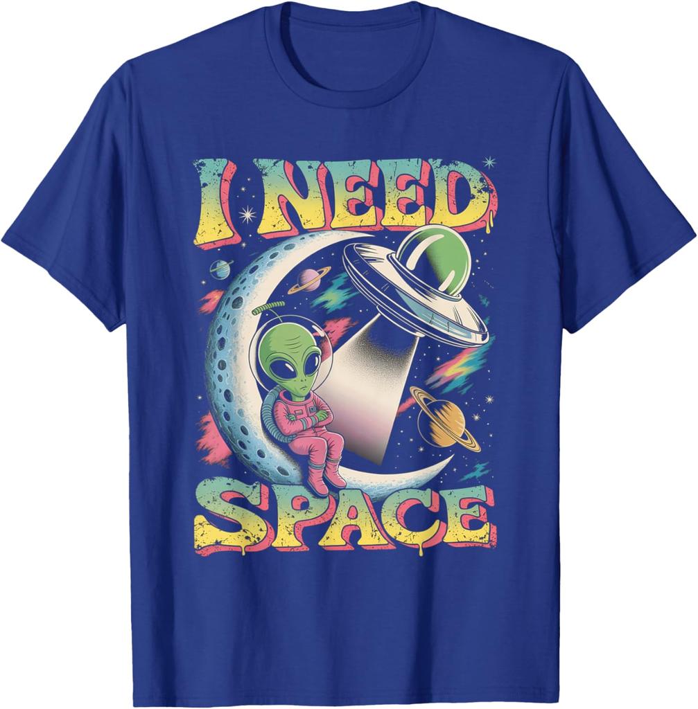 Alien Ich brauche Platz Retro Mond Sitzendes UFO Grafik T-Shirt Baumwolle Lässig Reise T-Shirt