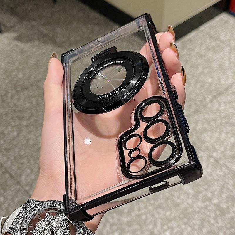 Luxury Plating Magnetic Wireless Charging Holder Stand Clear Case For Sunsamg S24 S23 S22 S21 Ultra Plus Shockproof Phone Case