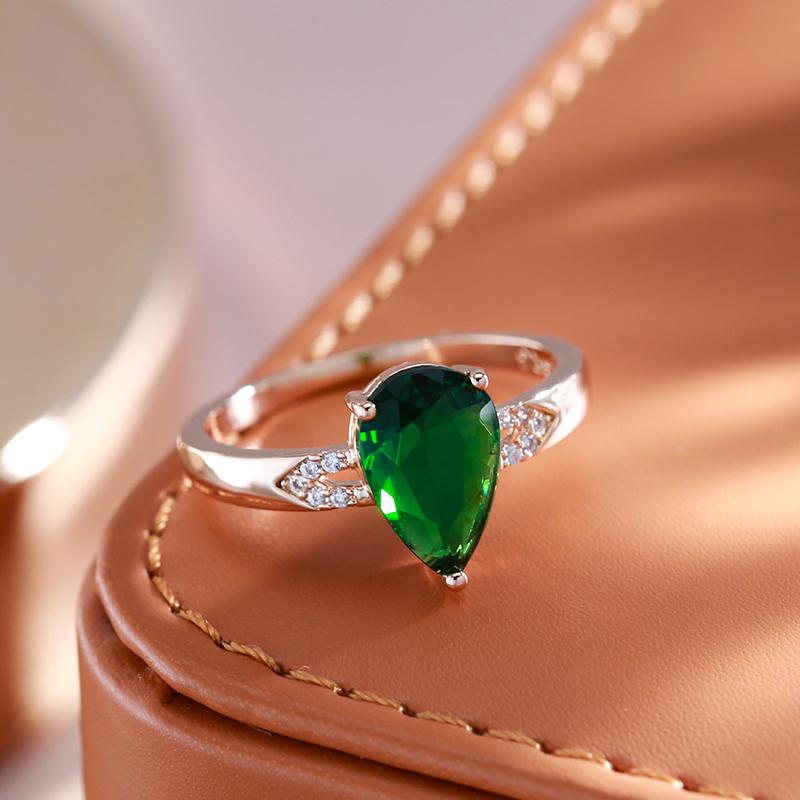 Water Drop Green Natural Zircon Ring For Women Fashion  Rose Gold Color Bride Wedding Accessories Daily Jewelry