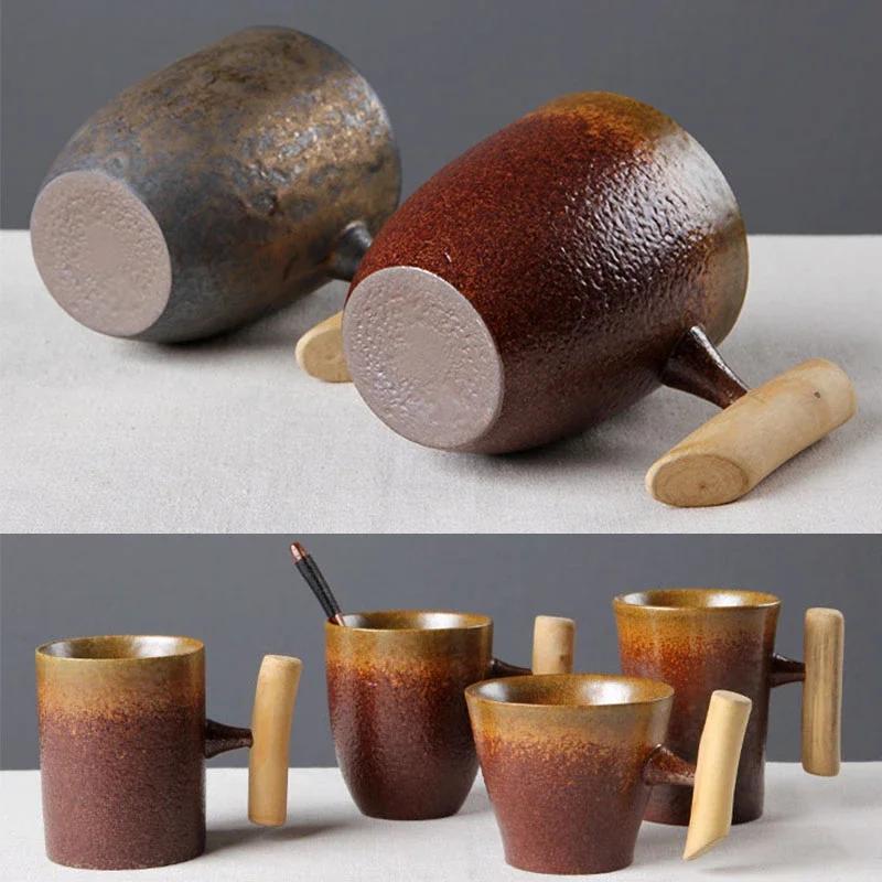 Japanese Vintage Tea Cup Set Ceramic Coffee Mug Rust Glaze Milk Cafe Cup with Wood Handle Water Cup Teacup Home Office Drinkware