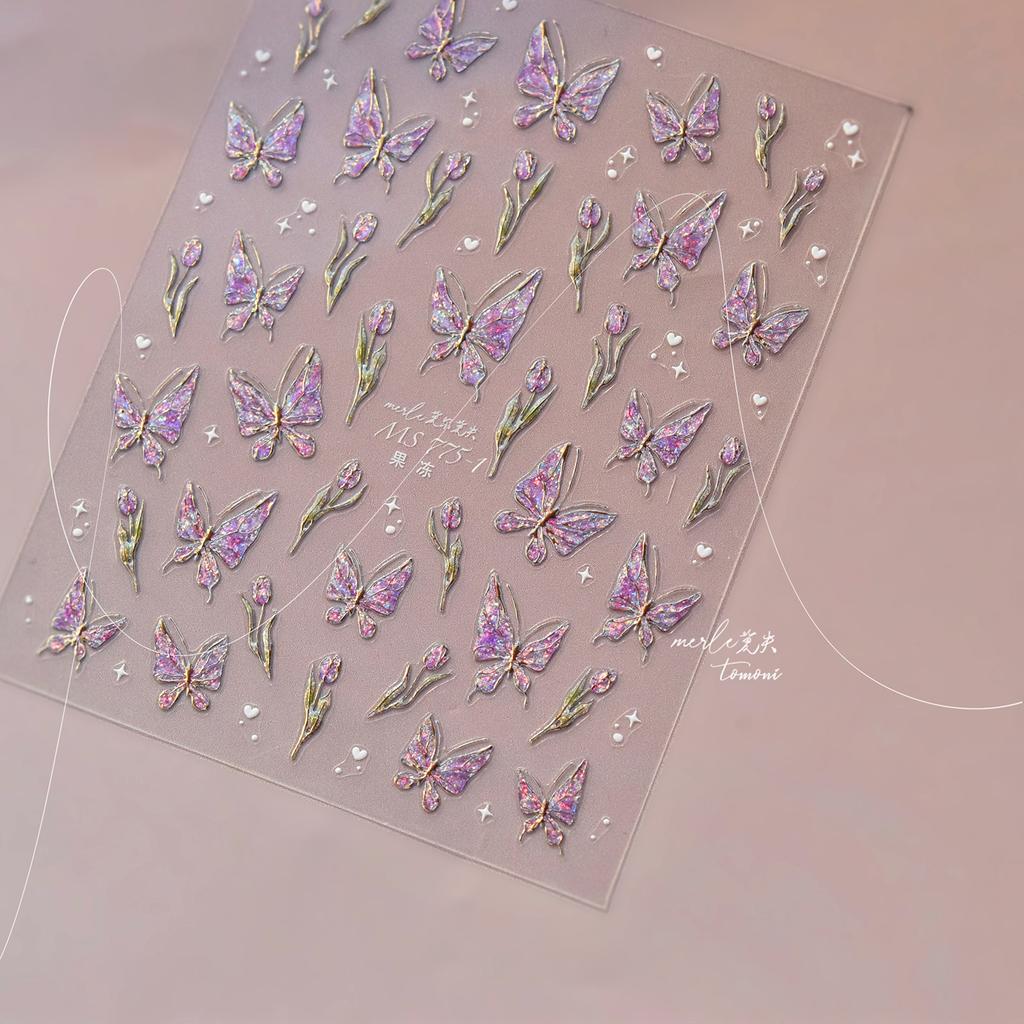 1 Piece 5D Retro Colorful Hand-painted Butterfly Nail Stickers Shell Light Butterfly Rhinestone Soft Relief Nail Art Stickers