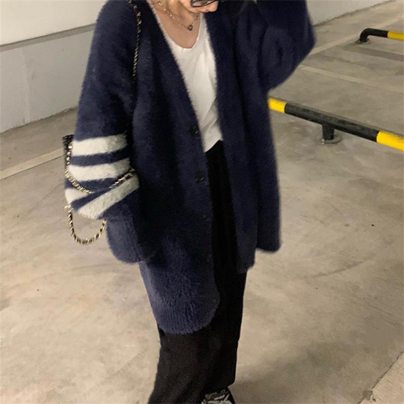 Autumn and winter imitation mink velvet knitted cardigan top women's versatile loose lazy wind sweater jacket splicing design
