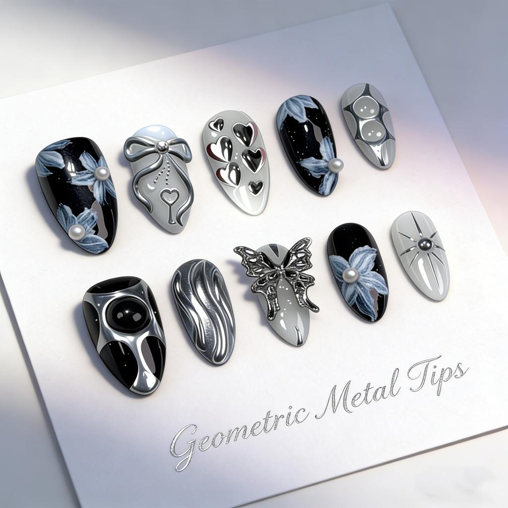 24 STUKS Hoge Kwaliteit Amandel Press-on Nagels Zoet Koel Metaal Zilver Ster Patronen Kunstnagels Donker Kattenoog Nep Nagels Afneembaar