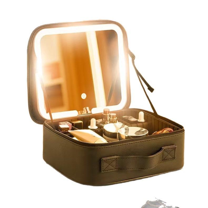 Large Capacity Women's Travel Makeup Bag with Mirror & Light for Beauty & Nail Art