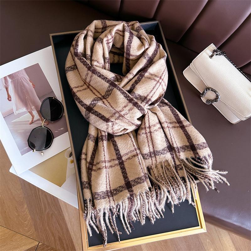 

Winter Women Warm Scarf Cashmere Thicken Plaid Stripe Pattern Shawl Outdoor Travel Pashmina Neckerchief Foulard 200x65cm