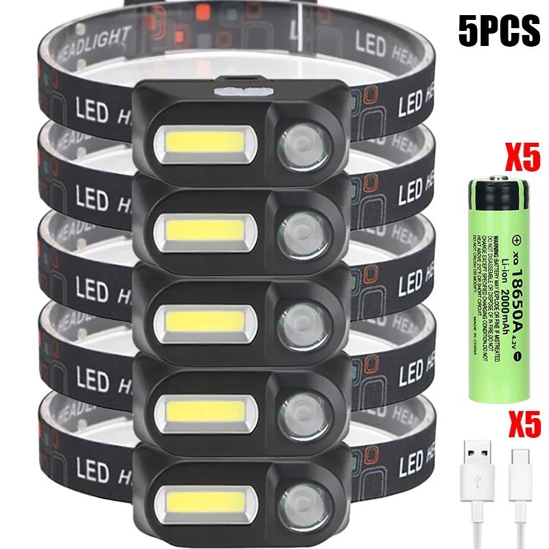 Powerful COB+LED Headlamp 18650 2000MaH Rechargeable Headlight Waterproof Head Lamp Bright Head Flashlight for Camping Cycling