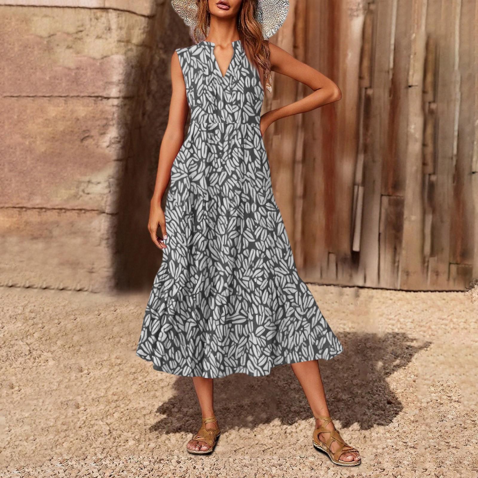 Women s Casual And Fashionable V-neck  Sleeveless Printing Mid Length Dress L