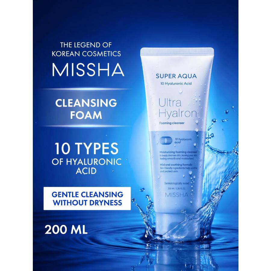 MISSHA Super Aqua Ultra Hyalron Cleansing Facial Cleansing Foam, Moisturizing Makeup Remover, 100ml 100ml