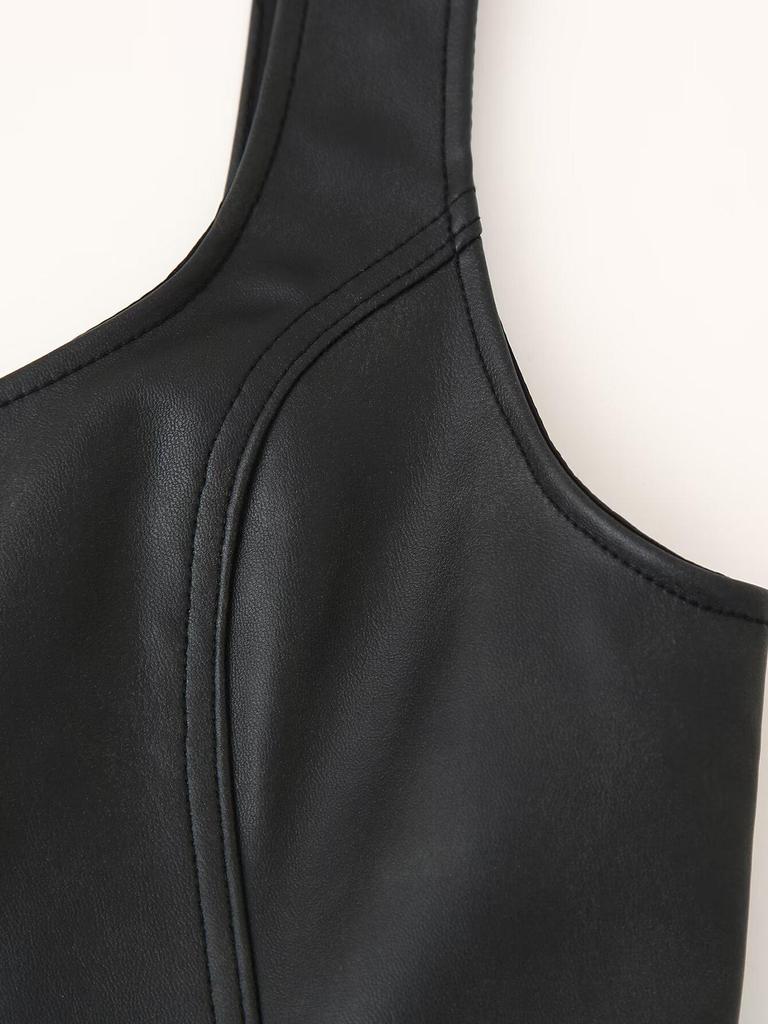 2024 European & American Style Faux Leather Slim Fit Women's Jacket with Zipper and Sexy Cami